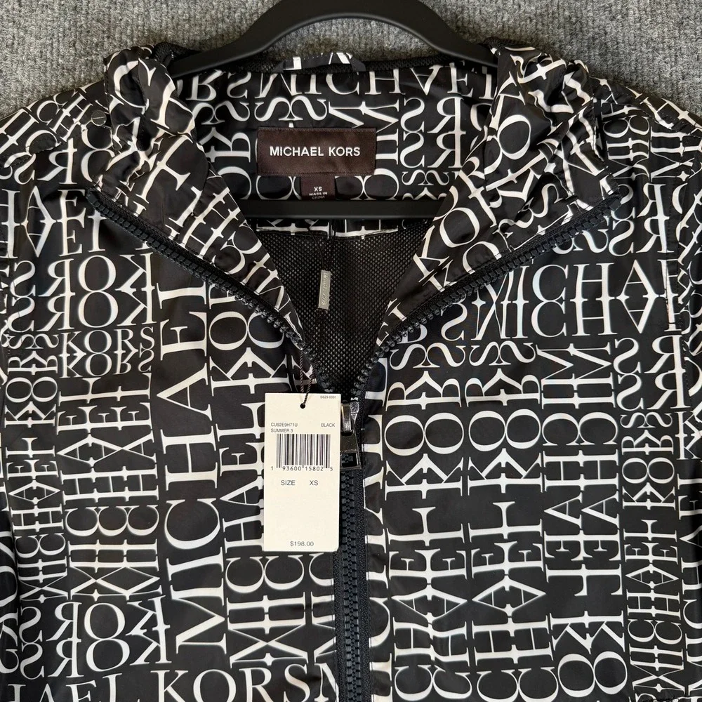 Michael Kors Womens Logo Print Hooded Windbreaker Jacket Black White XS #3866